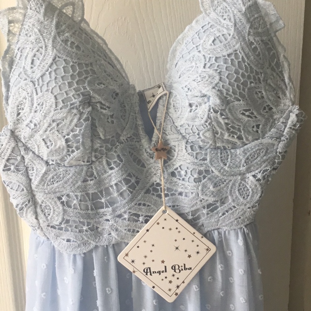 NWT Angel Biba Womens Deep V Neck Crochet Bust Swiss Dot Mini Dress Size XS Blue - Picture 2 of 4